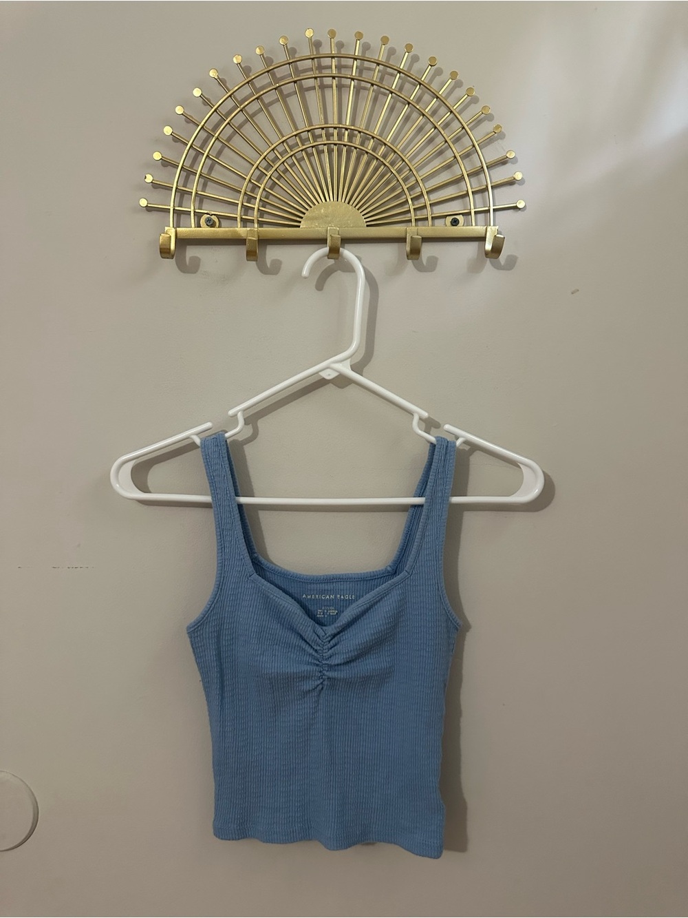 American Eagle Outfitters Blue Ribbed Tank Top with Ruched Front